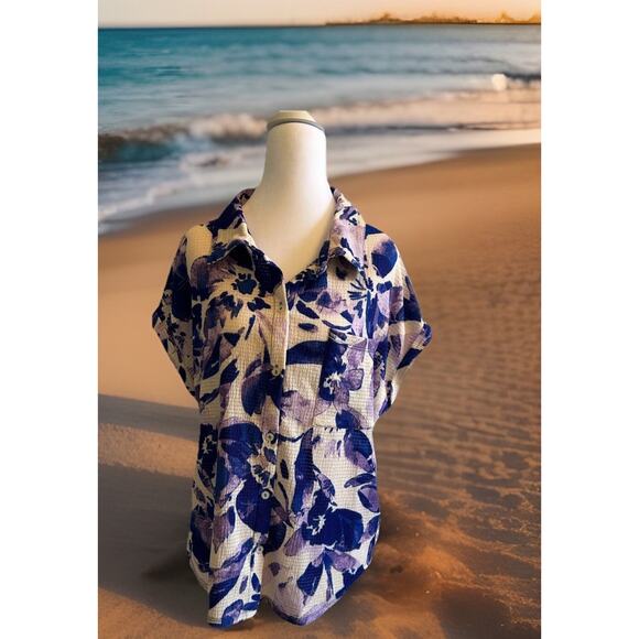 VTG 90s Hawaiian Purple Floral Button Down Shirt Retro Women’s XL Fairy Granny - Picture 1 of 10